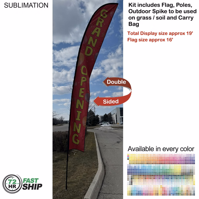 72 Hr Fast Ship -19' X-Large Feather Flag Kit, Full Color Graphics Double Sided, Spike and Bag