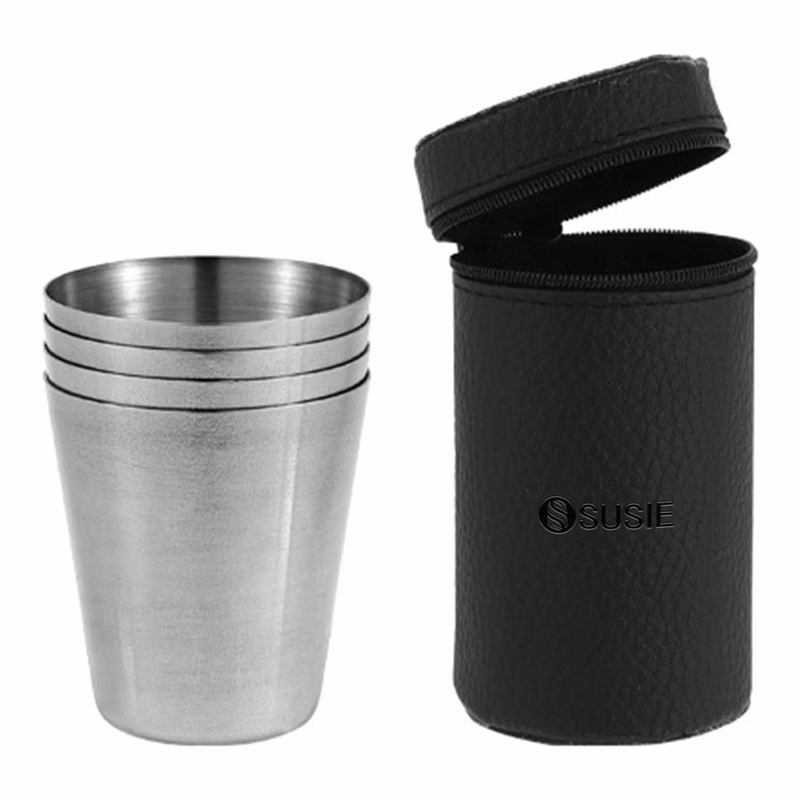 4pcs 1Oz Stainless Steel Shot Cups w/ Leather Case