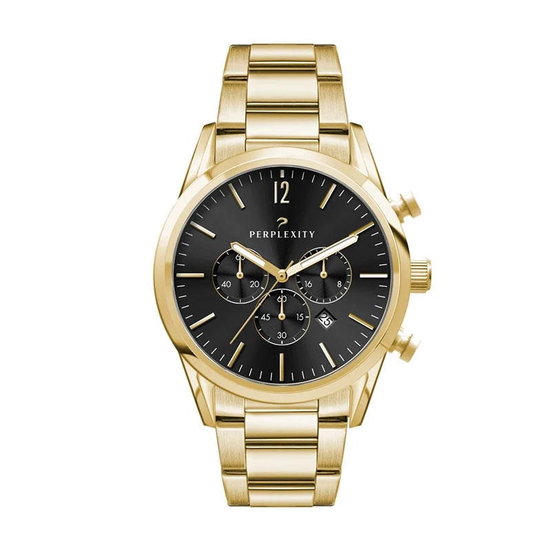 Watch Creations 42MM, 3 HAND, GOLD PLATED STEEL CASE, SUNRAY BLACK DIAL, GOLD PLATED WRAPPED EDGE STEEL BAND 1
