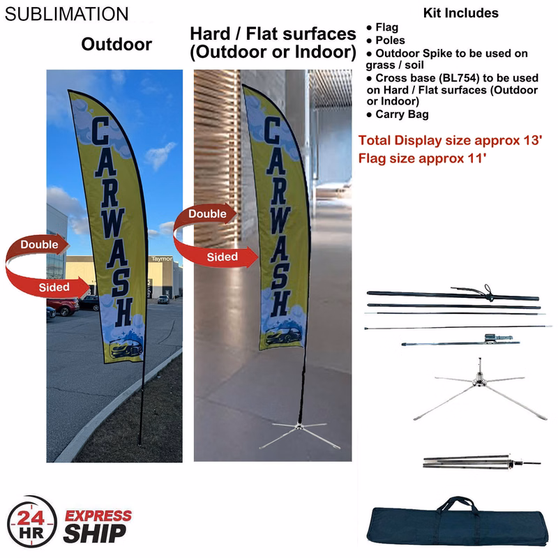 24H Express Ship-13' Medium Feather Flag Kit, Full Color Graphic Double Sided, Outdoor & Indoor base