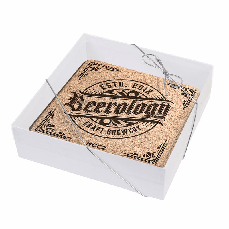 Set of 4 Natural Cork Coasters 3/16" thick, Square (3.5" x 3.5"), Laser engraved Gift Boxed