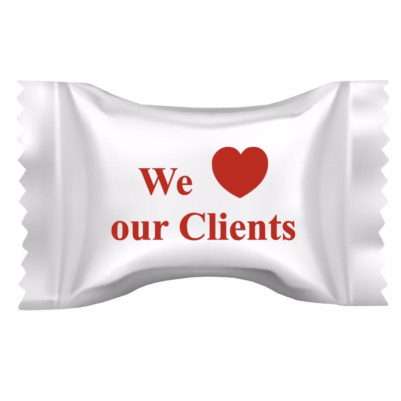 Soft Peppermints in a We Love Our Clients Wrapper