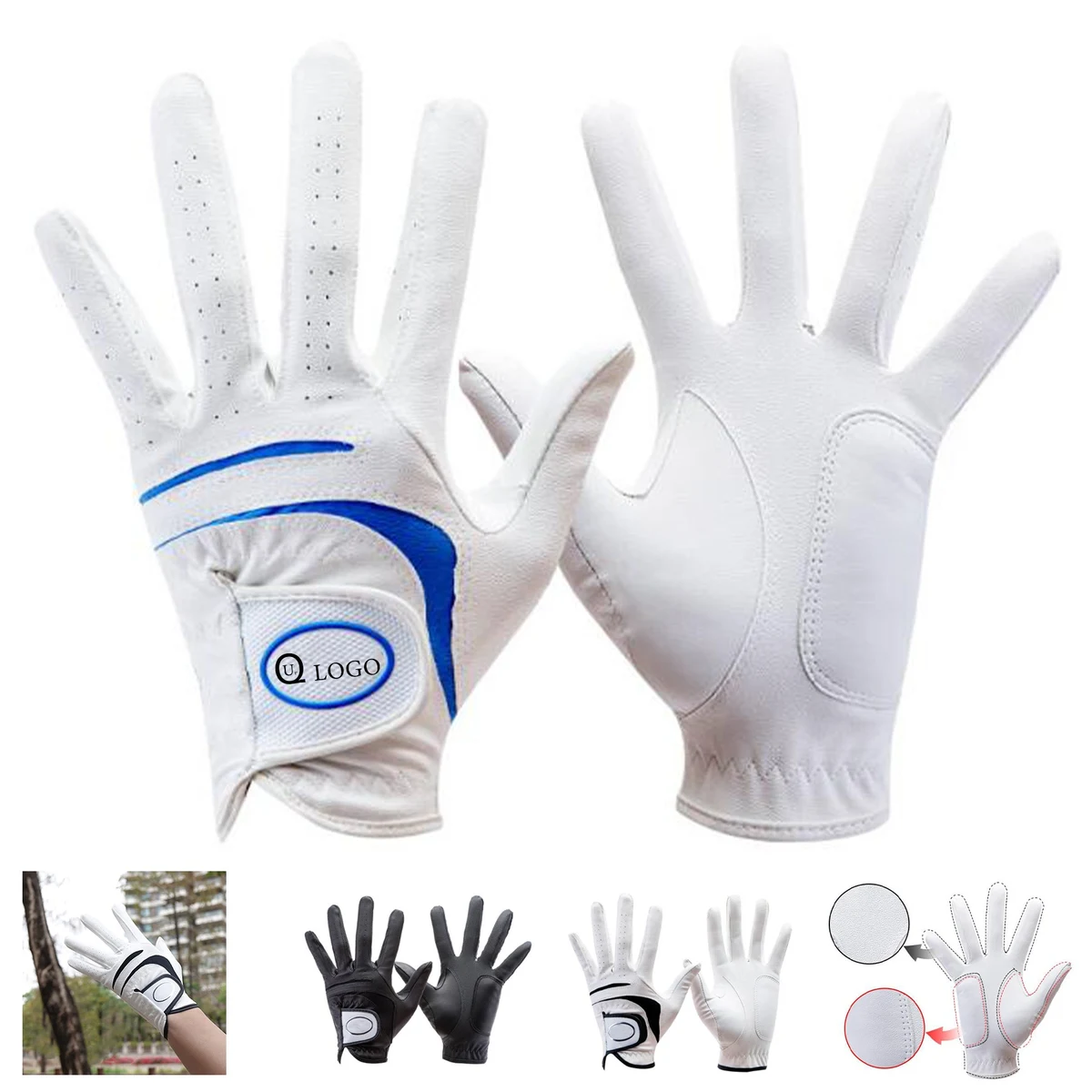 White With Blue Customizable Golf Gloves 1