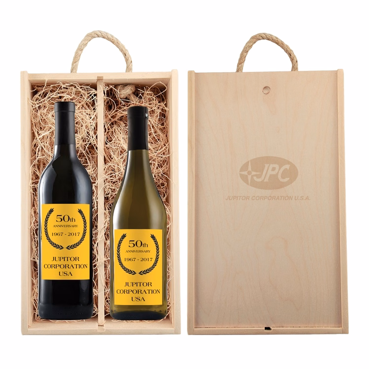 Rustic Laser-Engraved Wood Box with with Full-Color Custom Labeled Wines