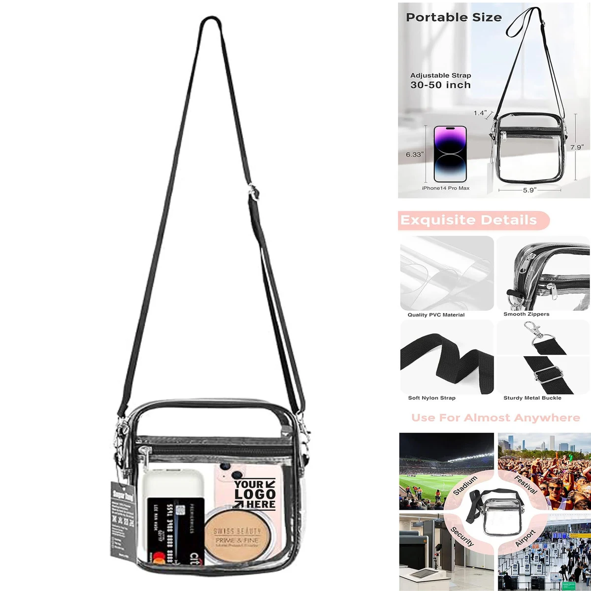Clear Sport Crossbody Bag Stadium Approved TPU Zipped Shoulder Pocket With Adjustable Strap 1