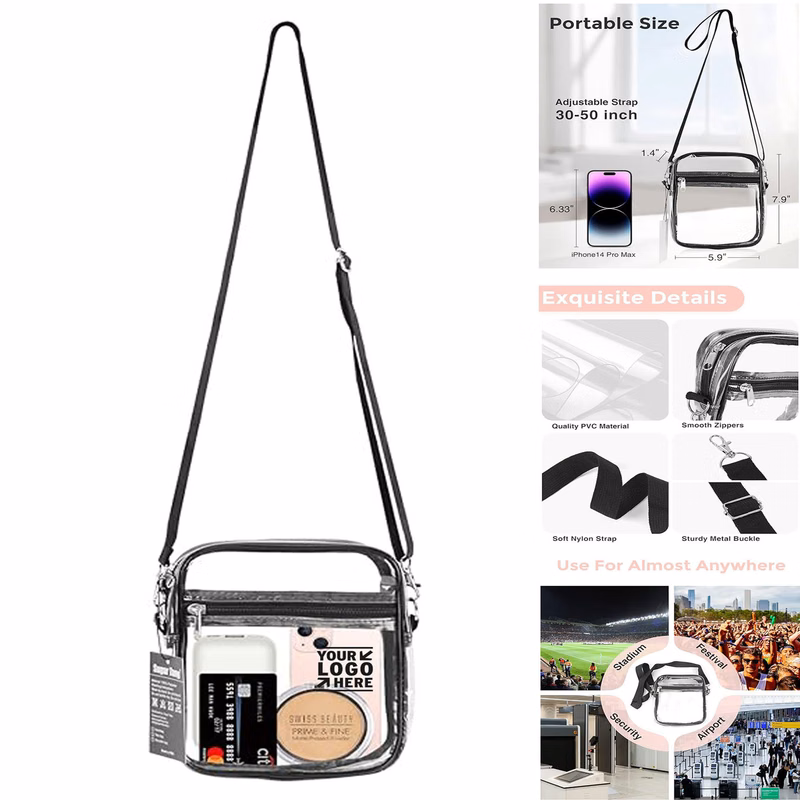 Clear Sport Crossbody Bag Stadium Approved TPU Zipped Shoulder Pocket With Adjustable Strap