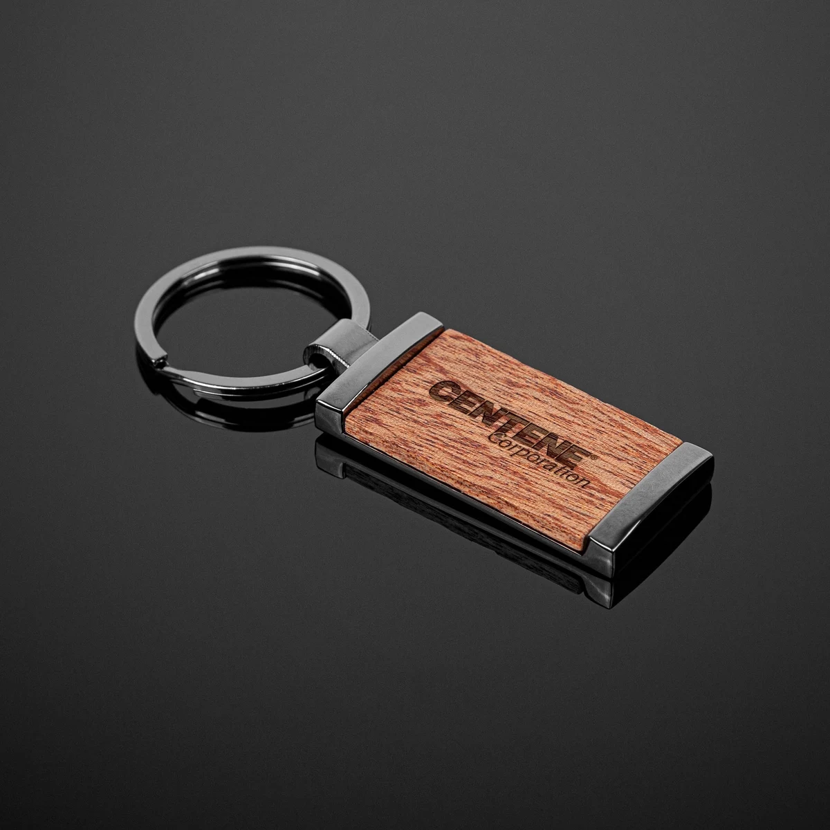 Grafton Gunmetal & Wood Rectangular Key Chain 1