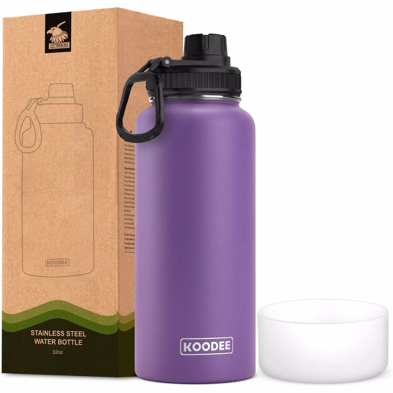 32oz Stainless Steel Double Wall Vacuum Wide Mouth Insulated Bottle w/ Spout Lid, Silicone boots