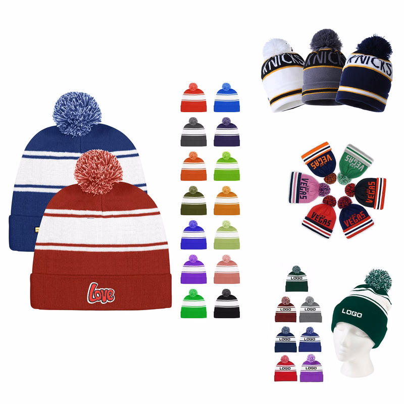 MOQ50Pcs Completely Custom Pom Beanie Cap with Stripes
