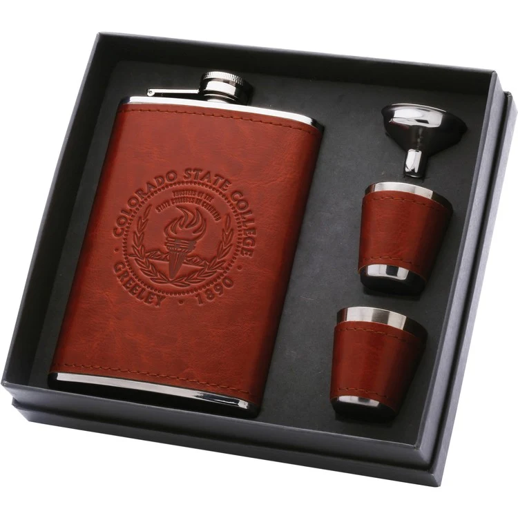 8 Oz. Leatherette Flask Gift Set, custom water bottle with logo imprint 1