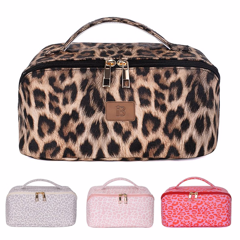 PU Leather Retro Portable Leopard Storage Cosmetic Bag