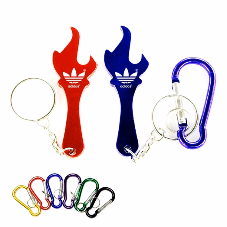 Torch & flame shaped aluminum bottle opener with key chain & carabineer