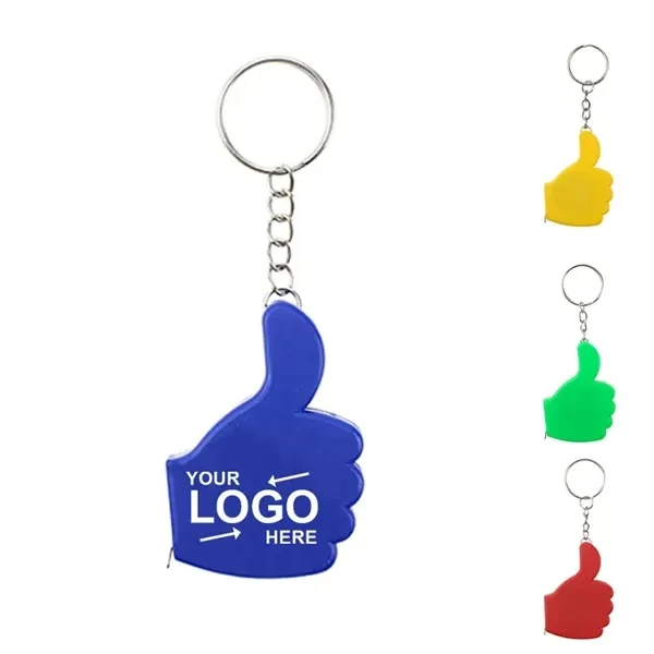 Custom Plastic Thumbs Up Tape Measure Keychain — Compact Ruler Tool Giveaway Item 1