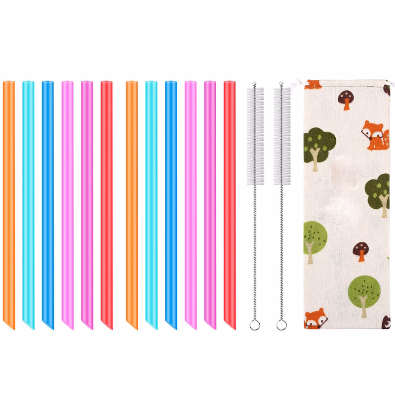 12 Pcs Reusable Boba Straws and Smoothie Straws with 1 Storage Bag and 2 Brushes