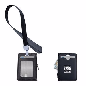 Stylish 1 Side Zipper PU Leather Card Case With Lanyard
