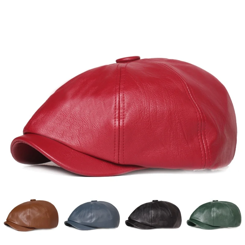 Leather Octagonal Newsboy Cap Beret Hat 1