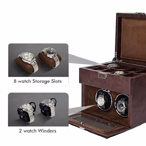 Standing 2-Slot Watch Winder + 8-Slot Storage Box With Light
