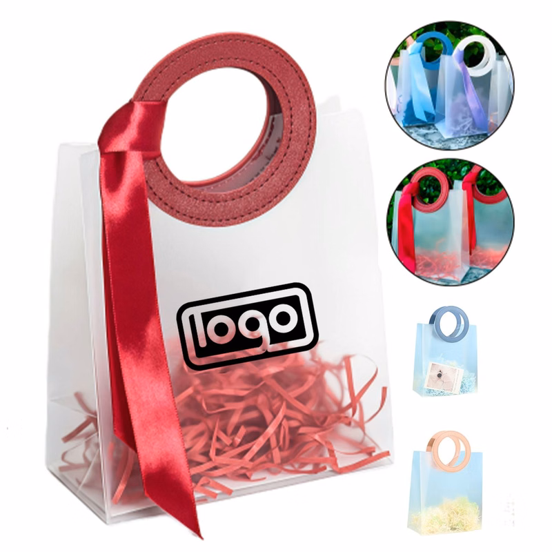 Frosted Clear Plastic Gift Bag w/ Leather Handle