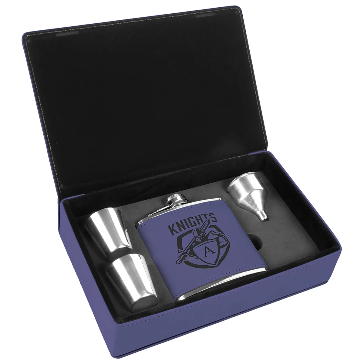 Stainless Steel Purple Leatherette Flask Gift Set 1