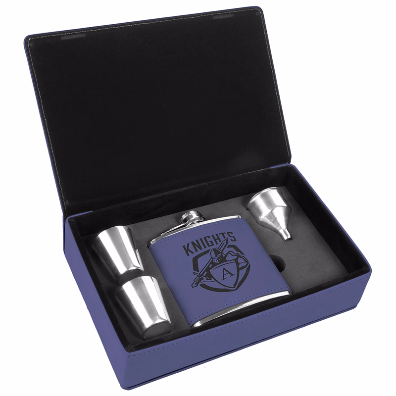 Stainless Steel Purple Leatherette Flask Gift Set