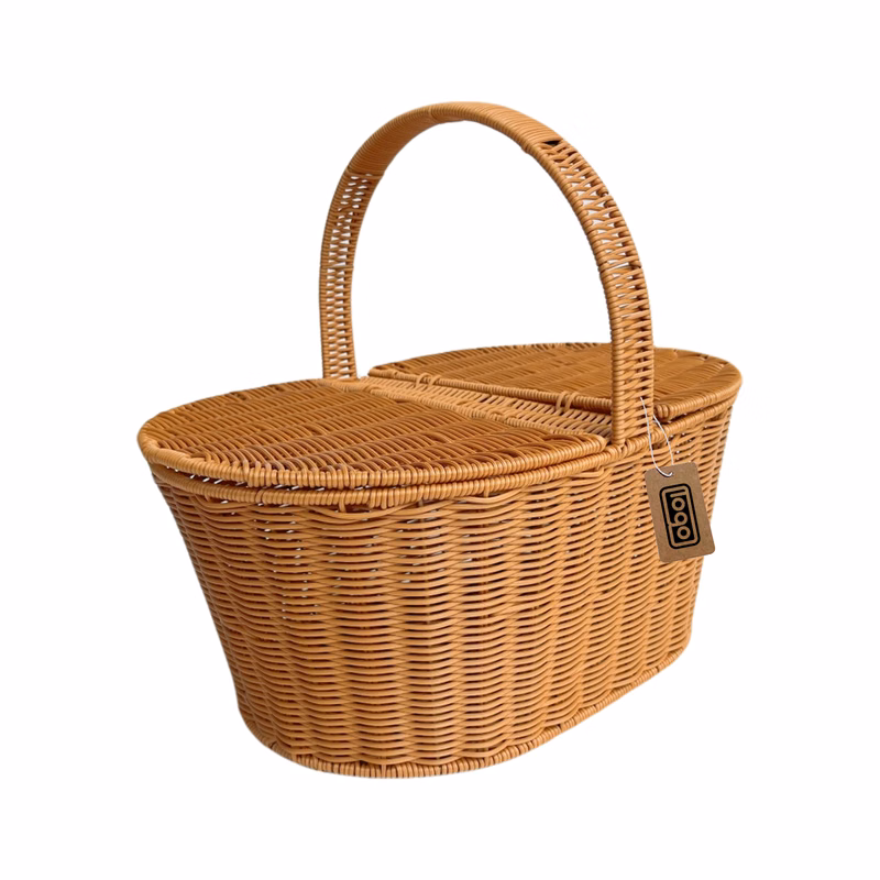 Double Lid Plastic Wicker Picnic Basket