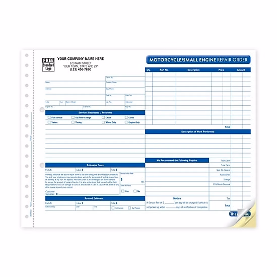 Motorcycle/Small Engine Repair Order, Carbonless