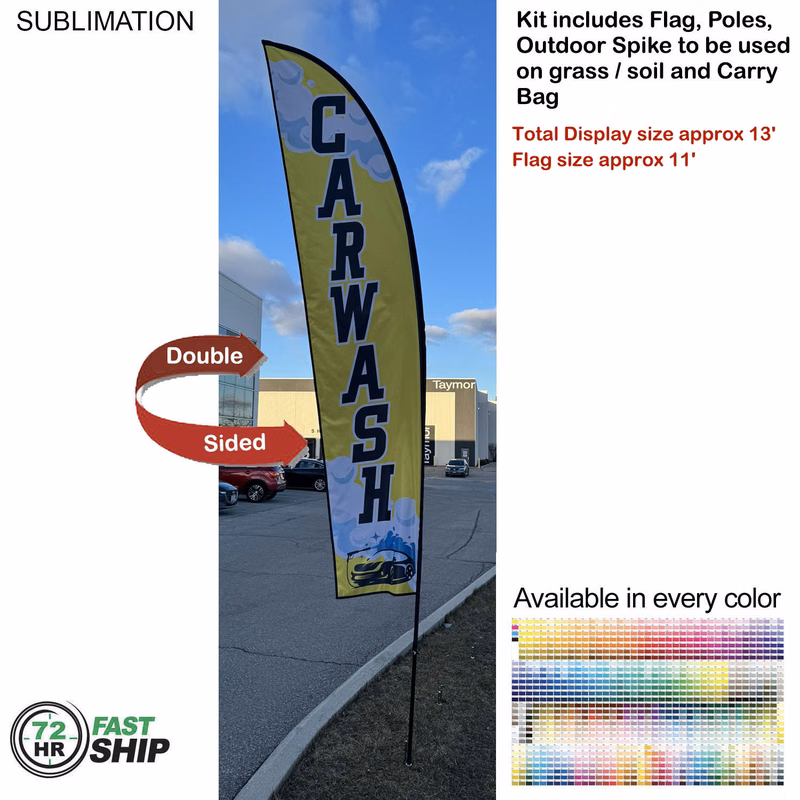 72 Hr Fast Ship - 13' Medium Feather Flag Kit, Full Color Graphics Double Sided, Spike and Bag.