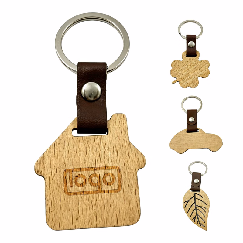 Wooden Keychain with PU Leather Strap