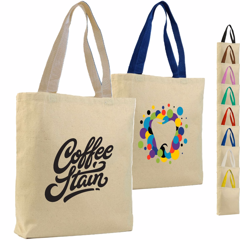 Cotton Canvas Color Handle Tote Bag with Bottom Gusset USA Decorated (15" x 15")