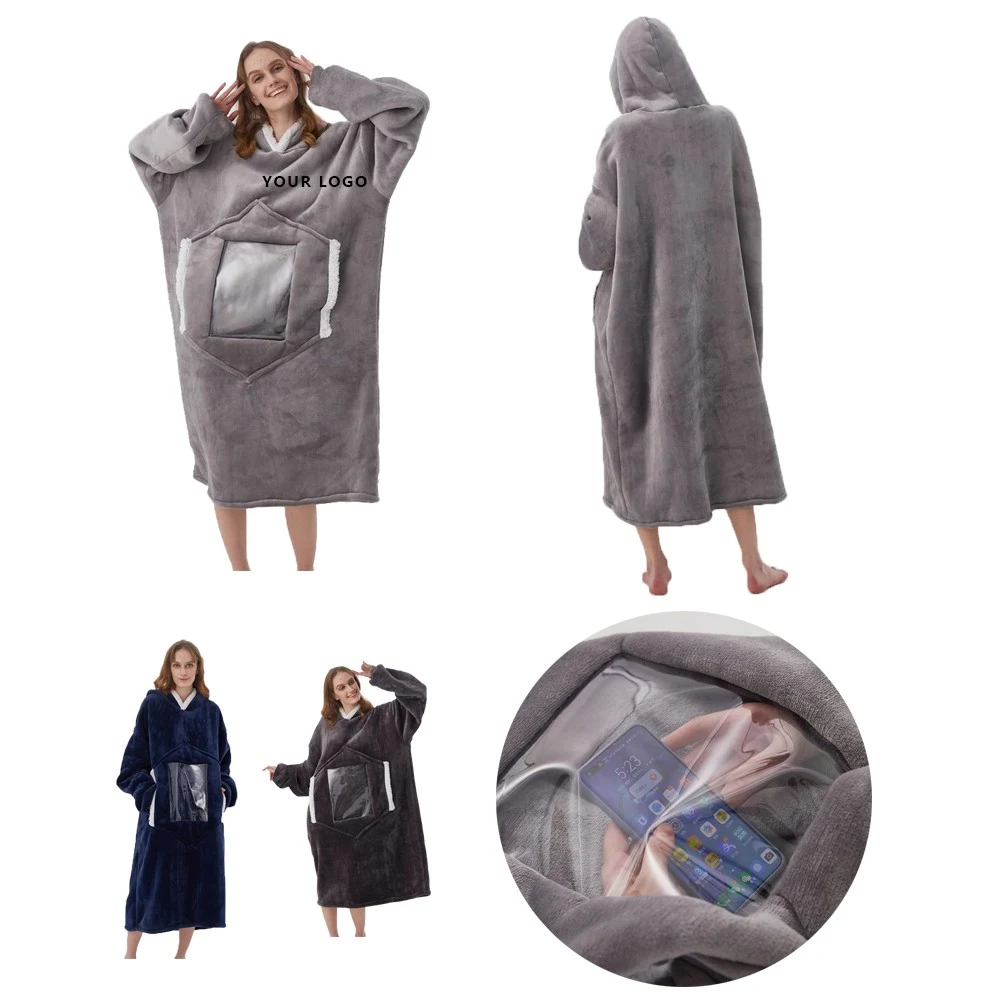 Oversized Microfiber Wearable Blanket With Pocket Hood, custom hoodie or sweatshirt with logo imprint 1