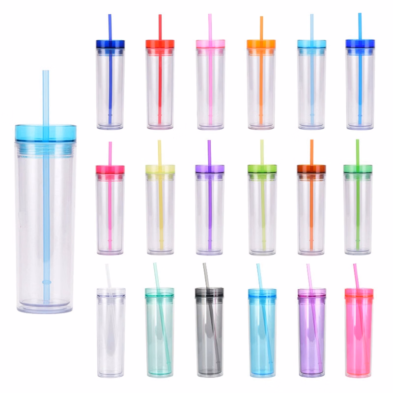 16 Oz. Double Wall Plastic Straw Straight Tumbler