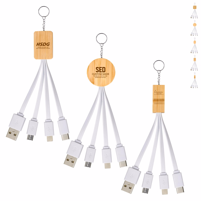 Bamboo Holder 4-in-1 Charging Cable With Keychain