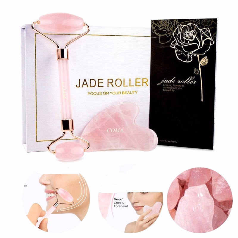 Rose Quartz Facial Jade Roller Gua Sha Set