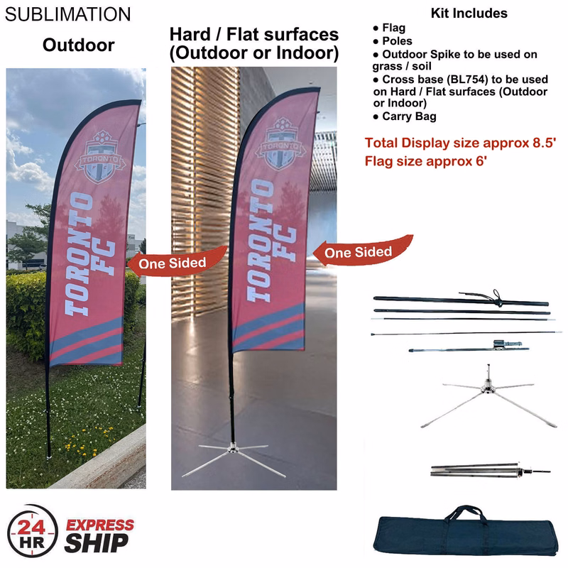 24H Express Ship- 8.5' X-Small Feather Flag Kit, Full Color Graphic 1 Side, Outdoor and Indoor bases