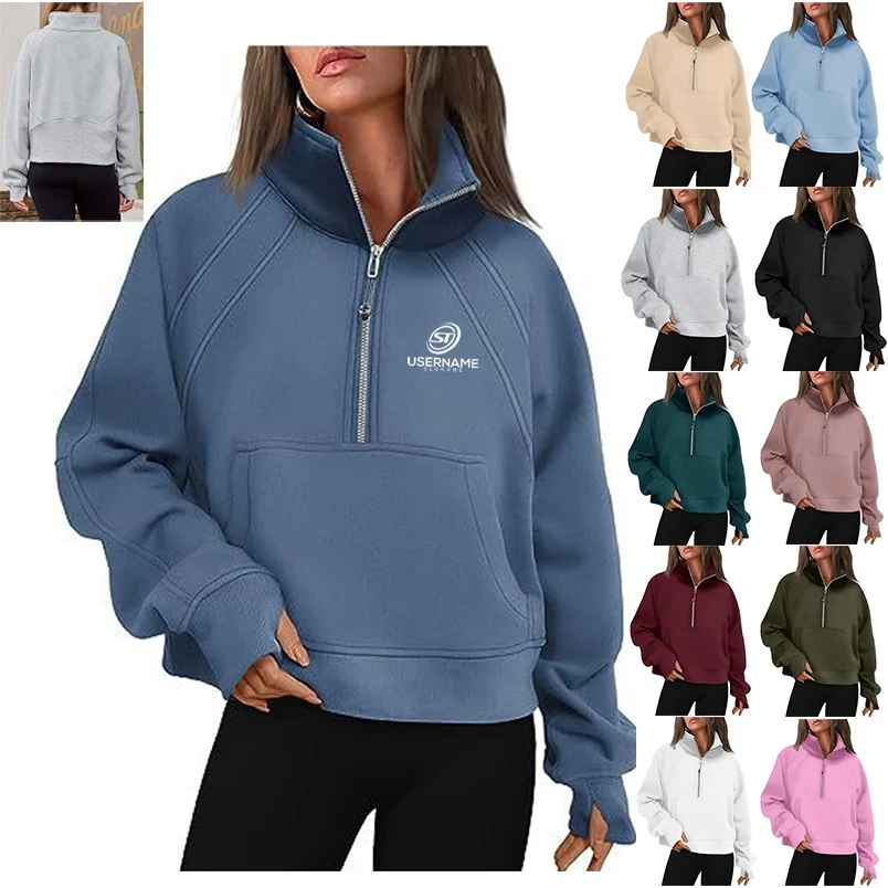 Half Zip Cropped Fleece Sweatshirt Pullover, custom hoodie or sweatshirt with logo imprint 1