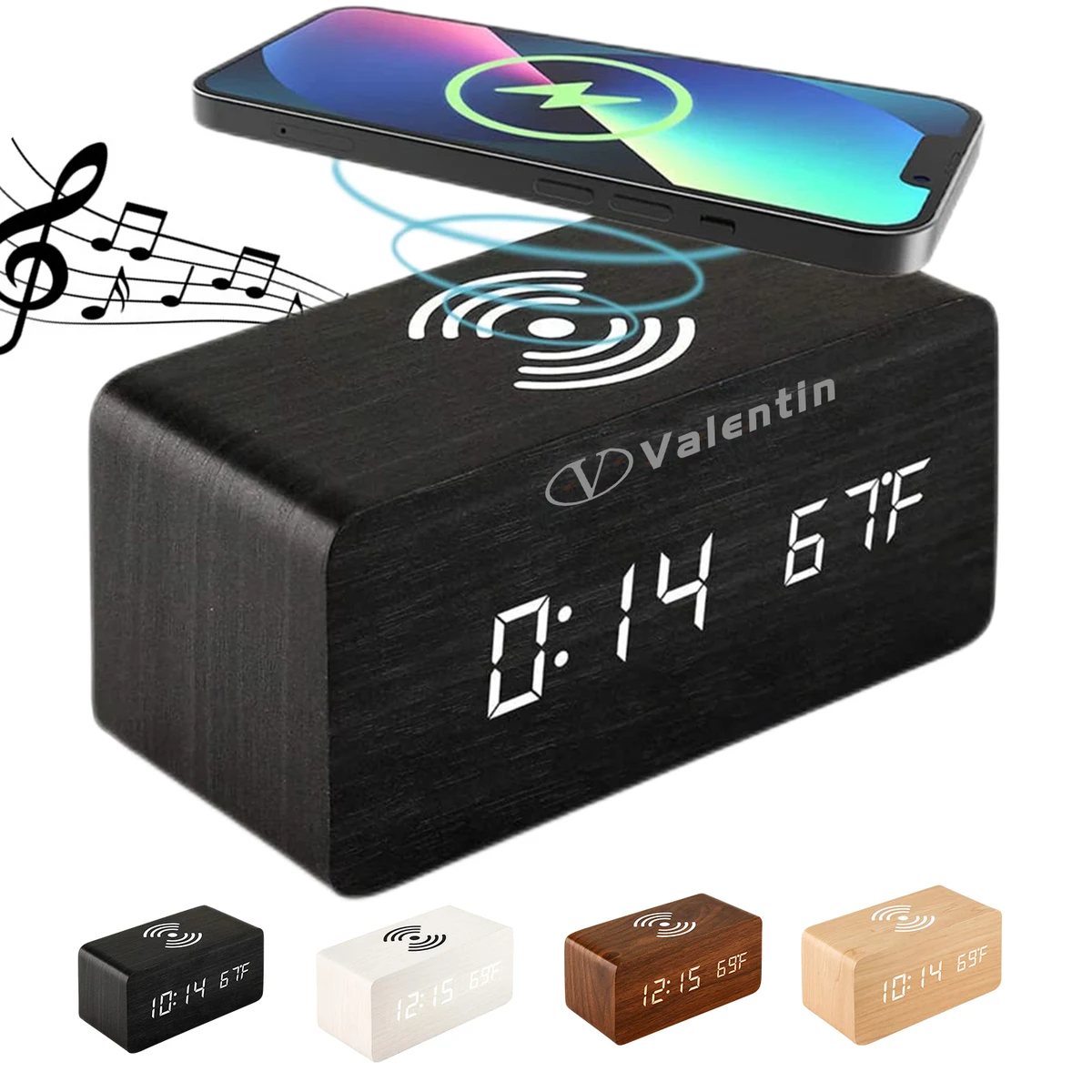 Wooden Wireless Charging Alarm Clock With Bluetooth Speaker 1