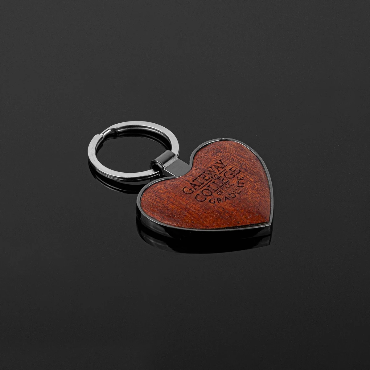 Heart-Shaped Beveled Wood Gunmetal Key Chain 1