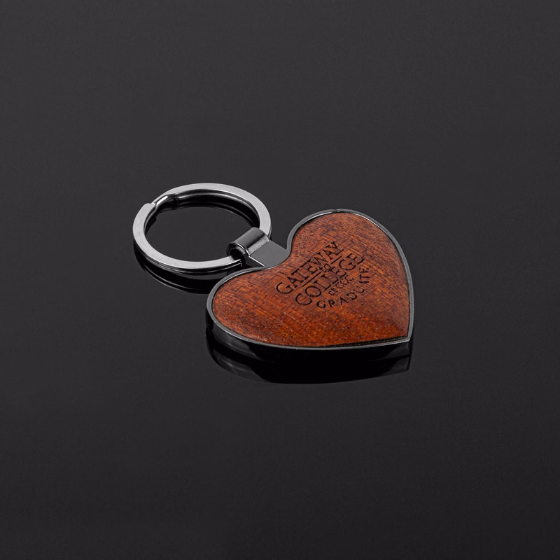 Heart-Shaped Beveled Wood Gunmetal Key Chain