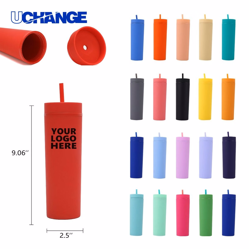Slim Plastic Cup with Lid and Straw