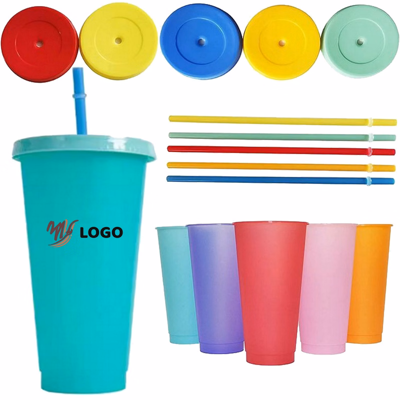 24 Oz Plastic Color Changing Cup With Lid & Straw