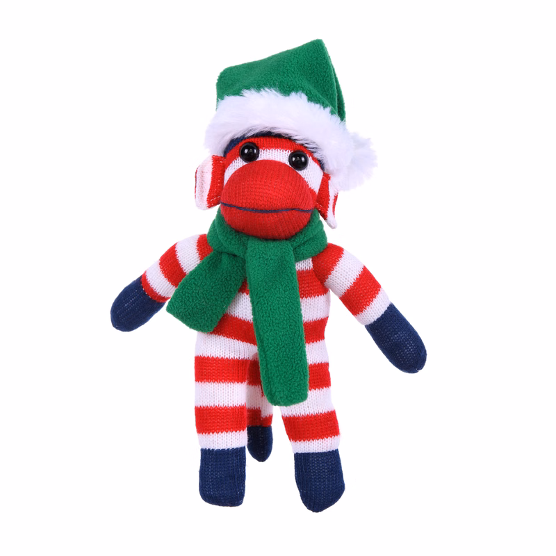 Patriotic Sock Monkey with Christmas Hat and Scarf