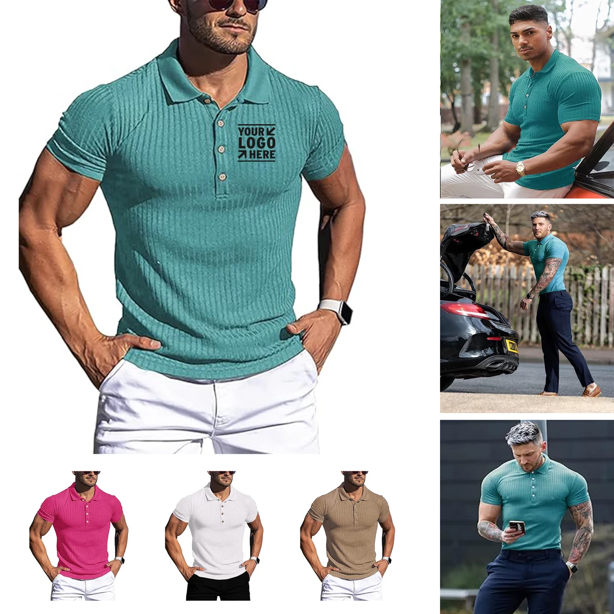 Men's Short Sleeve Muscle Workout Stretch Long Polo T Shirt 1