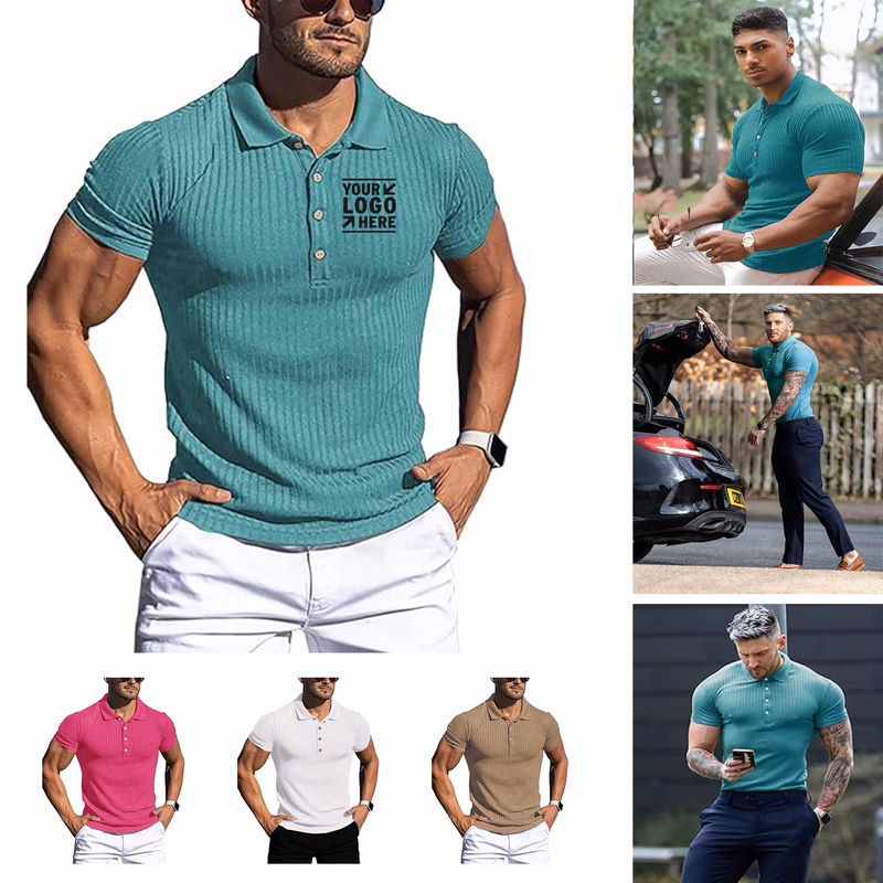 Men's Short Sleeve Muscle Workout Stretch Long Polo T Shirt