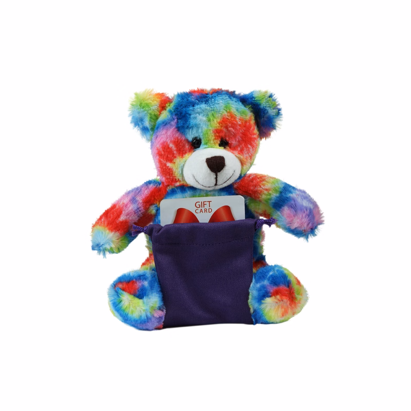 soft plush Tie Dye Bear with gift card sack