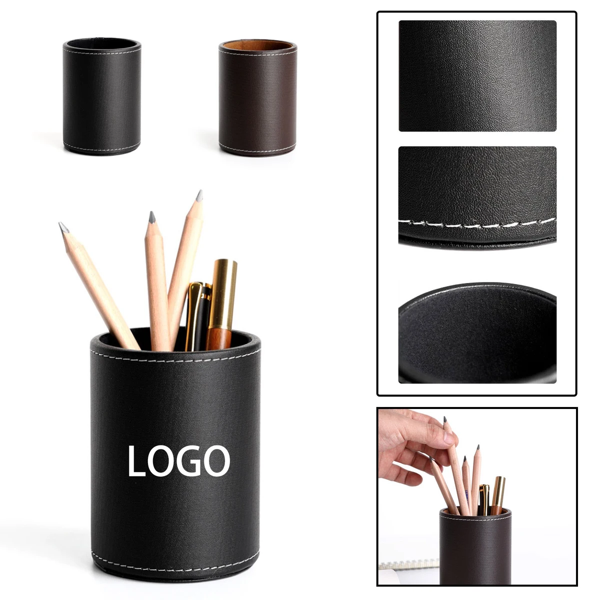 Black PU Leather Round Pen Pencil Holder 1