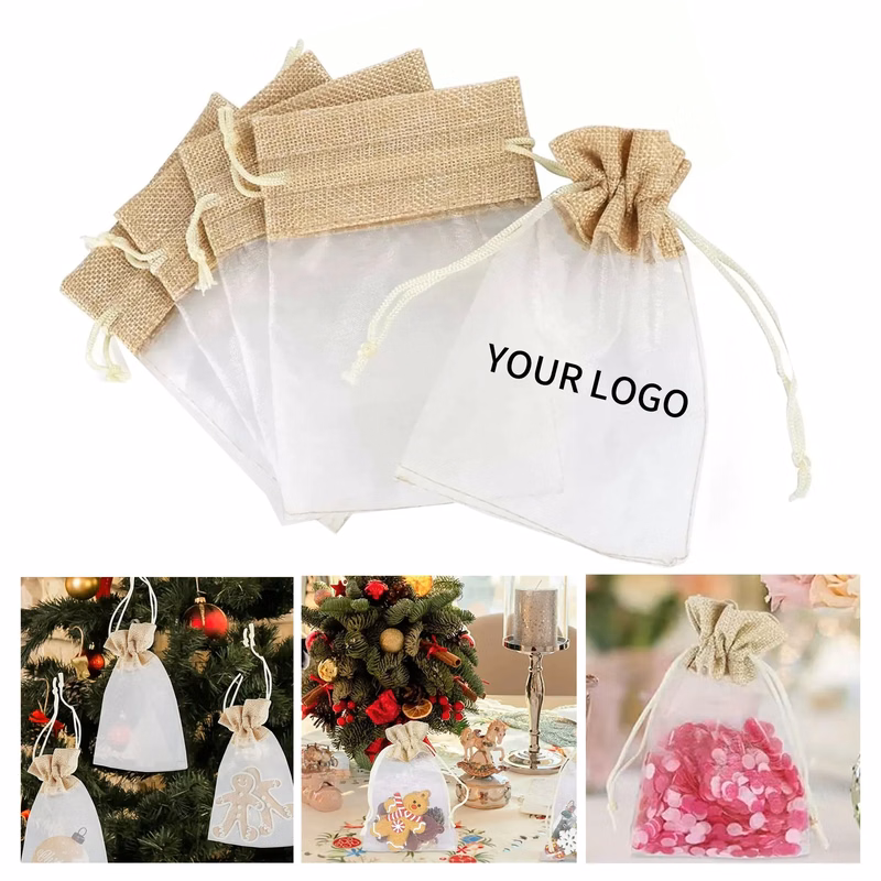 Linen Organza Splicing Gift Bag Drawstring Pouches