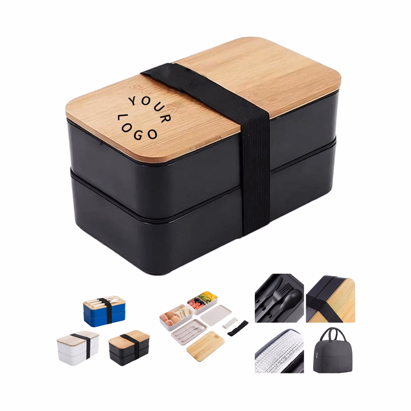 PP Plastic Bento Lunch Box With Bamboo Lid Two Layer Storage 7.5" Length