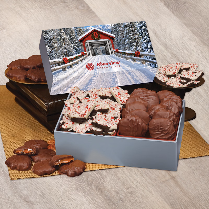 Peppermint Bark & Pecan Clusters in Gift Box with Snow-covered Bridge Sleeve