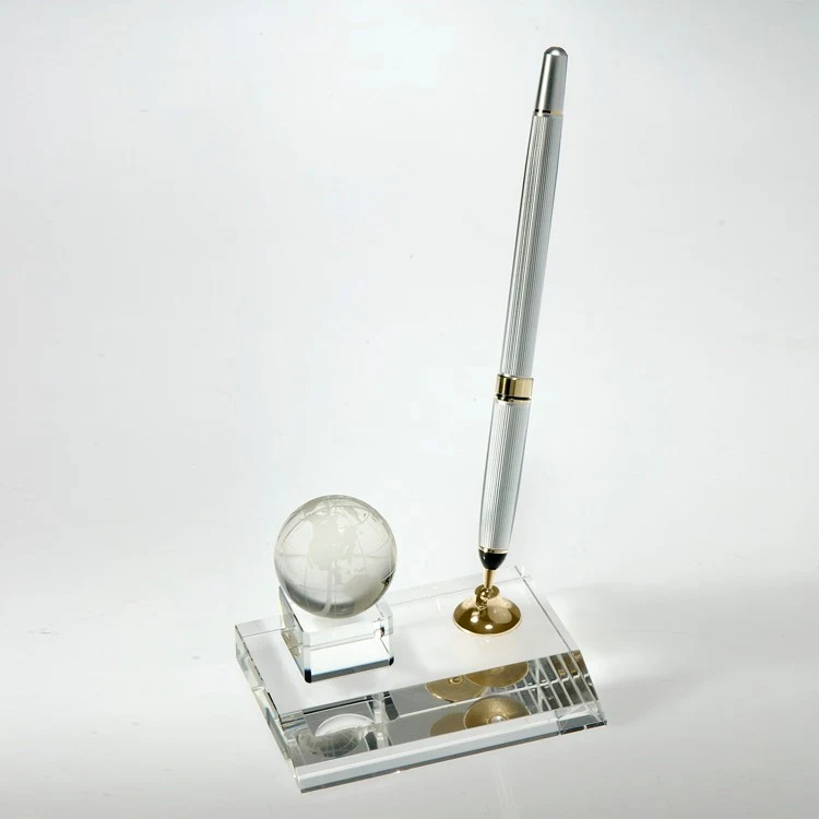 Desktop Award-Crystal Globe Pen Set w/Silver Ballpoint Pen 1