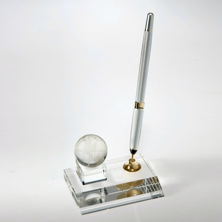 Desktop Award-Crystal Globe Pen Set w/Silver Ballpoint Pen